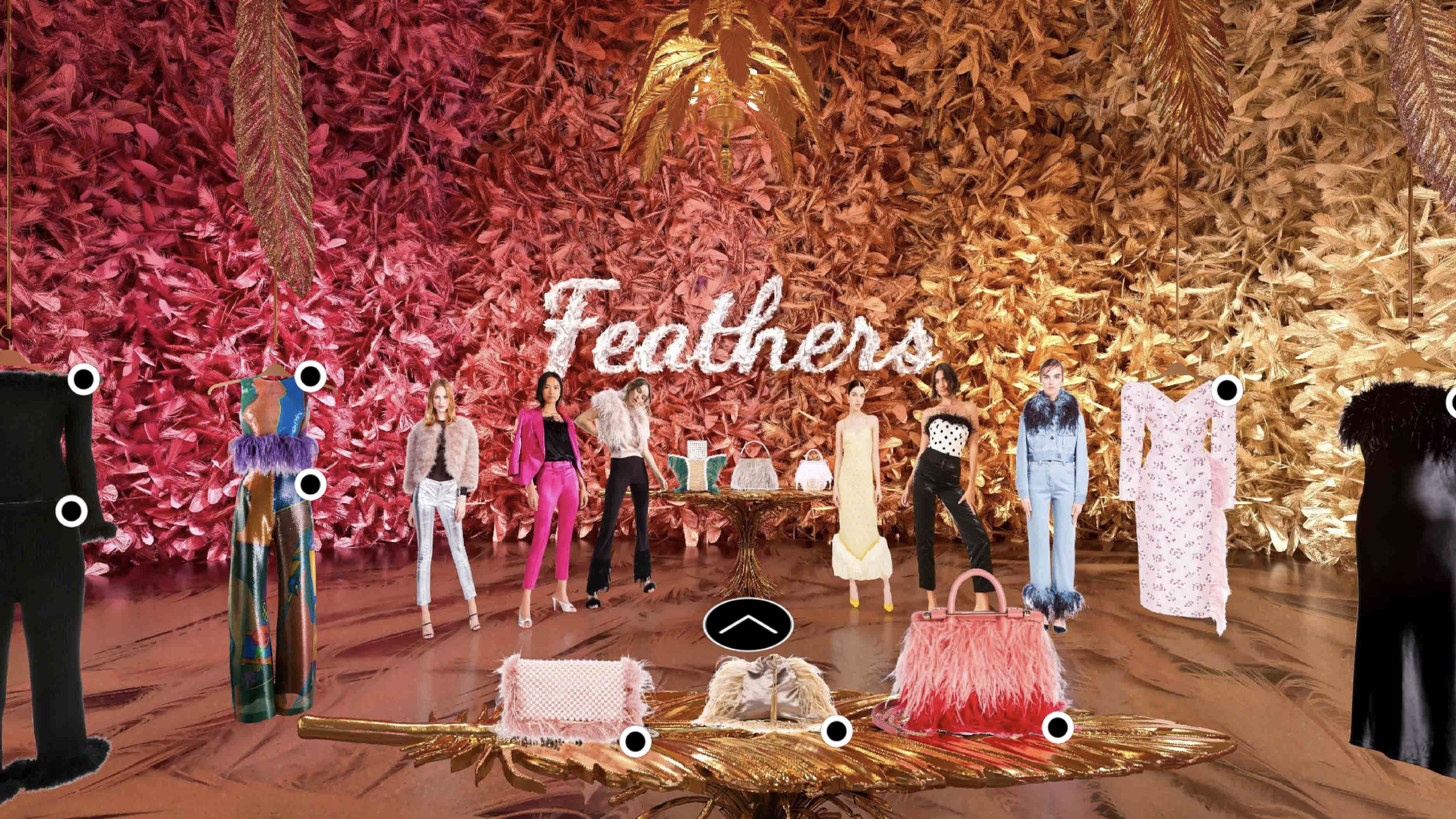 Metaverse Virtual Store that reads "Feathers" and displays several samples of feathery clothing.